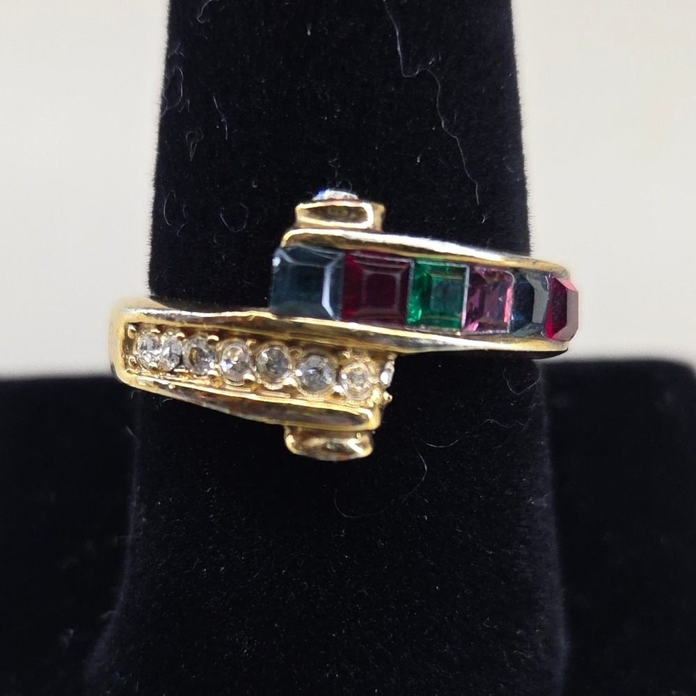 Vintage Gold Tone Multi Gemstone Bypass Ring Size 10 Colorful Crystal Accent